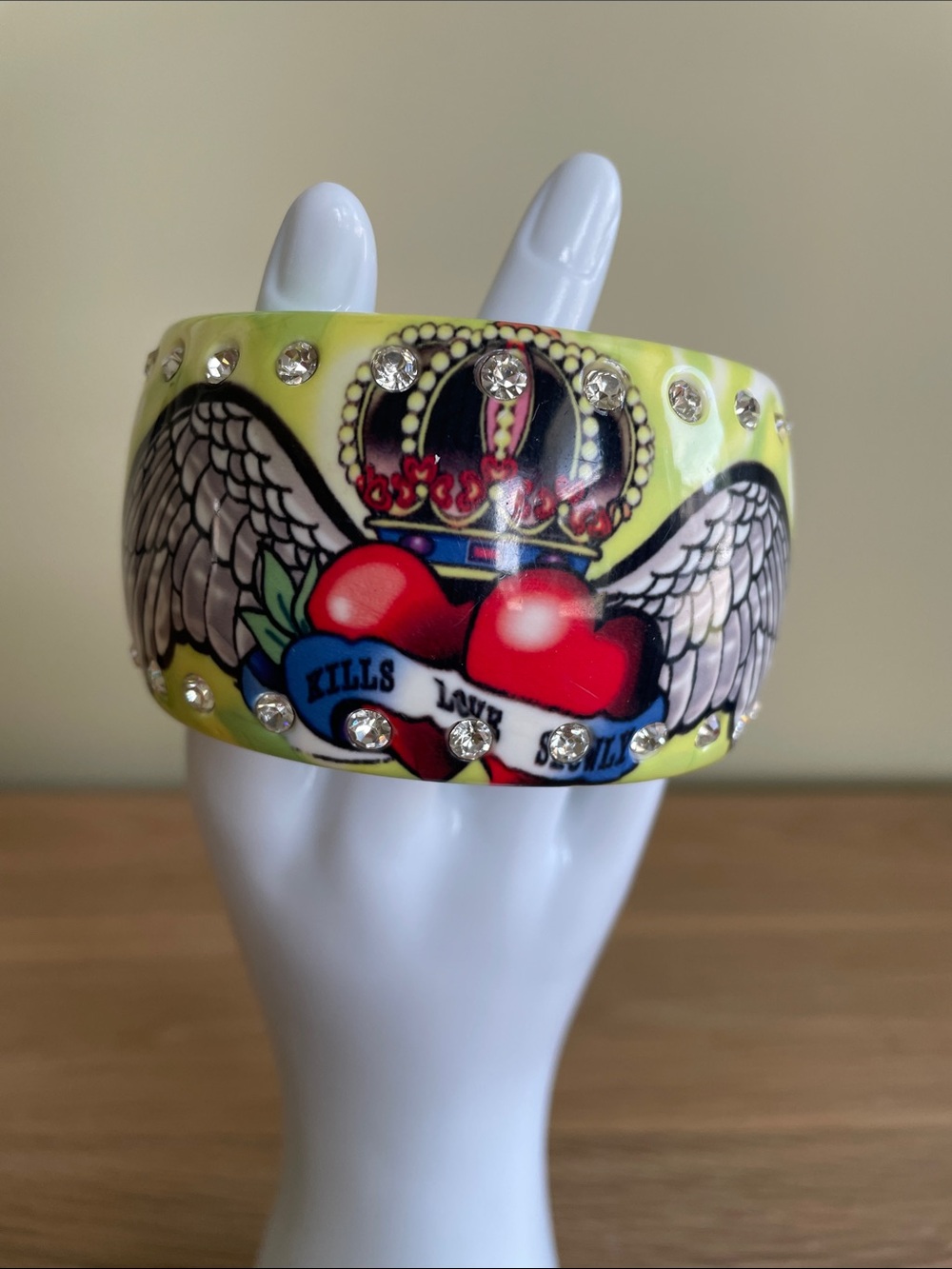 VINTAGE ED HARDY ACRYLIC TATTOO CUFF BRACELET “LOVE KILLS SLOWLY” Y2K Rhinestone
